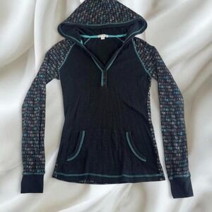 Roxy teal black graphic babydoll hooded henley top y2k vintage‎ grunge skater